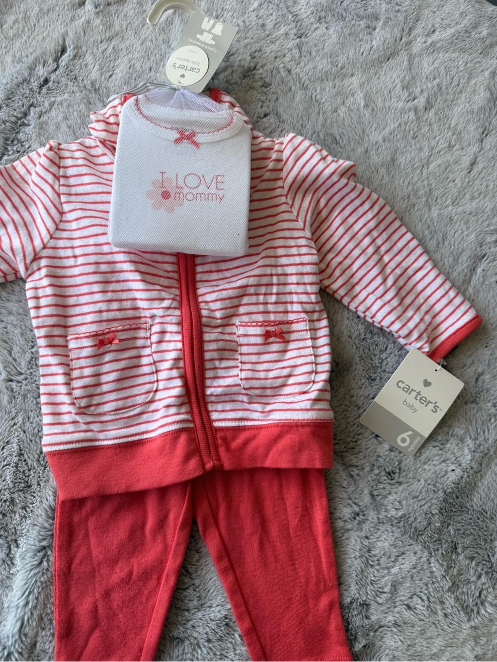 Carter's Coral Pink Striped Zip Hoodie with Solid Coral Pants & Bib